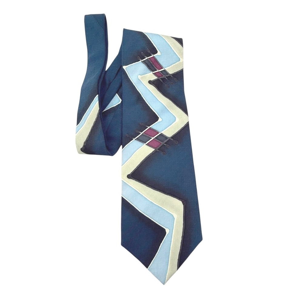 VTG Robert Daskai Silk Hand Painted Artist Signed Tie Geometric Zig Zag Blues